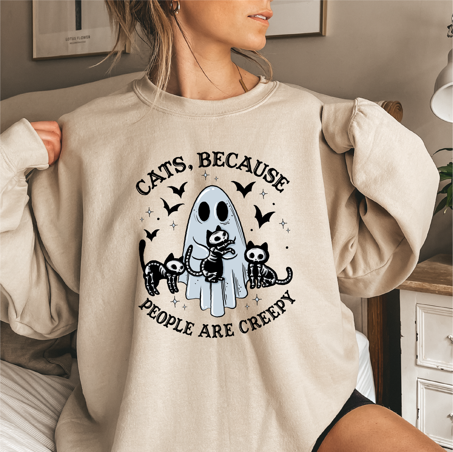 cats because people are creepy crewneck