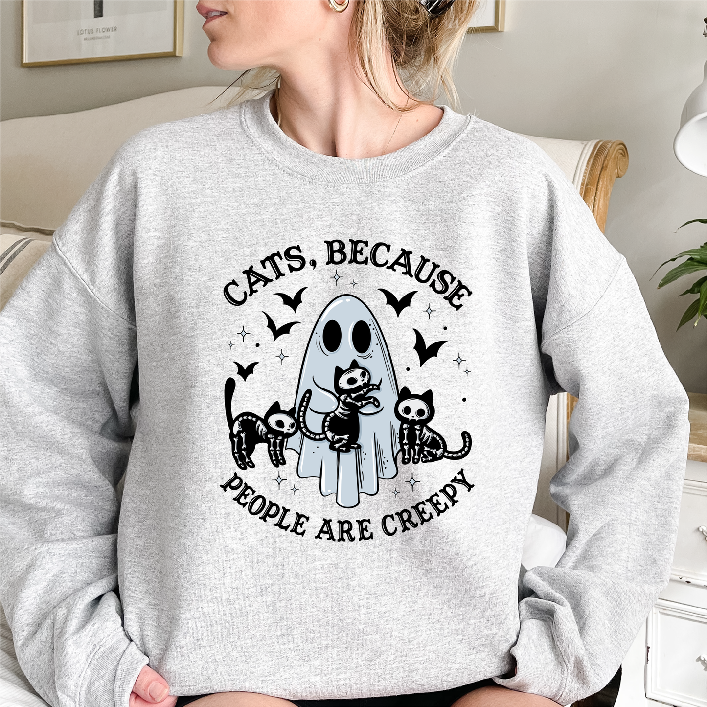 cats because people are creepy crewneck