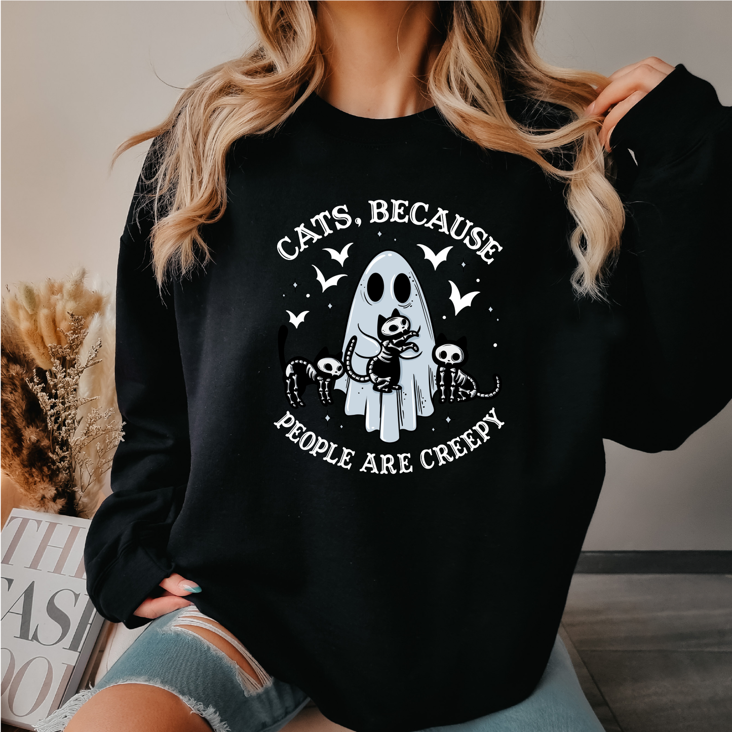 cats because people are creepy crewneck