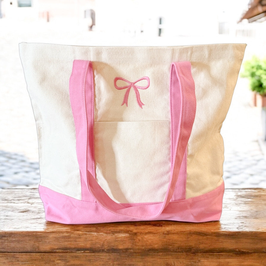 embroidered coquette bow tote bag