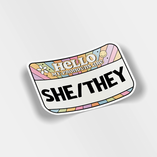 my pronouns are she/they vinyl sticker