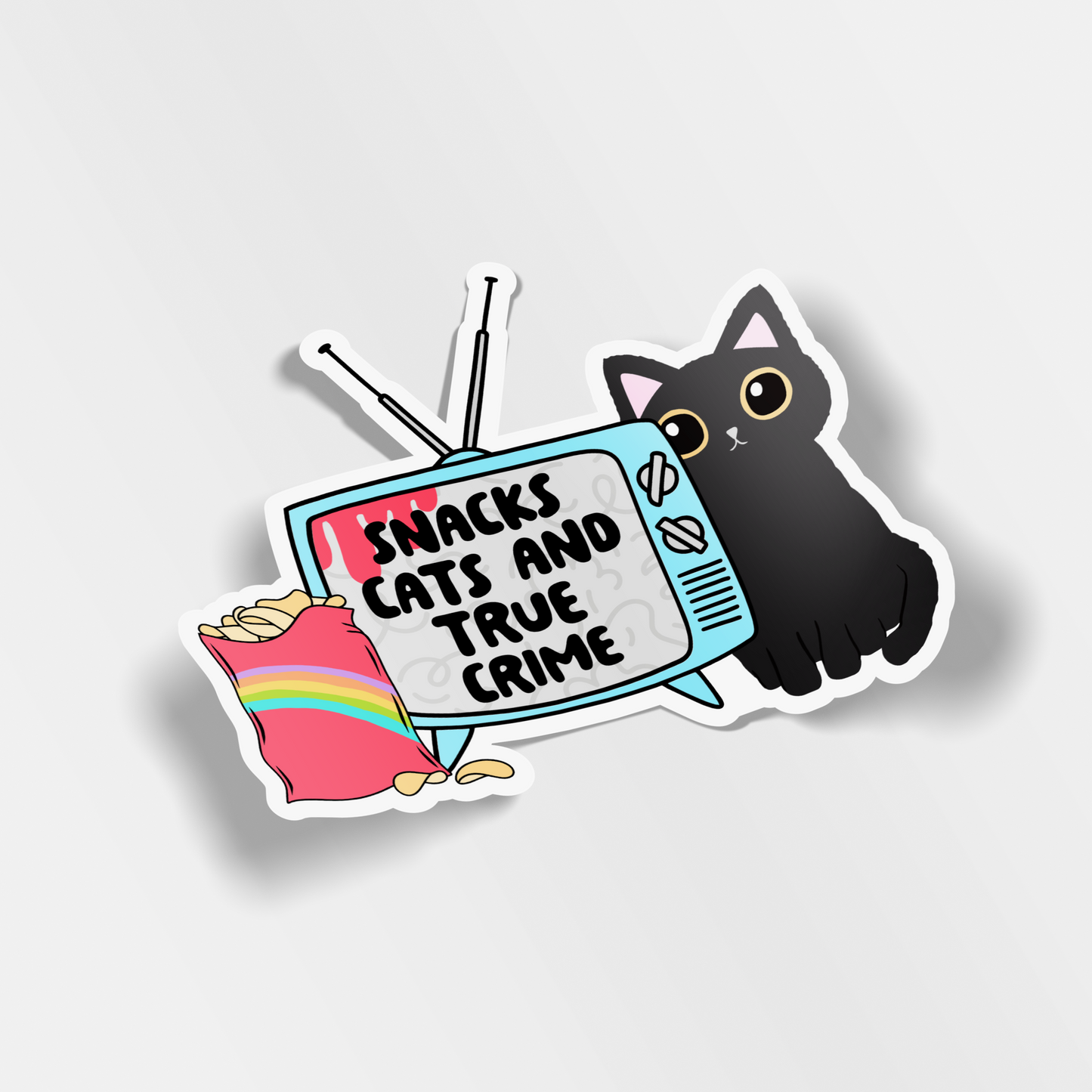 snacks cats and true crime vinyl sticker