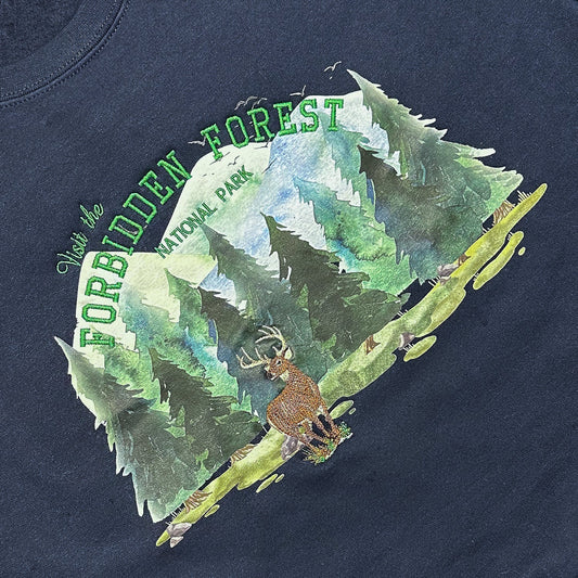 visit the forbidden forest embroidered crewneck